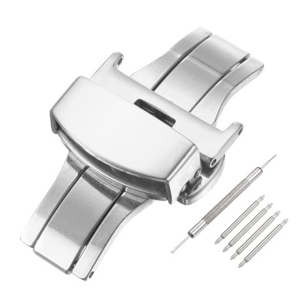 Uxcell Stainless Steel Deployment Clasp, 18mm Butterfly Folding Buckle with Spring Bars and Removal Tool for Leather Watch Band, Silver