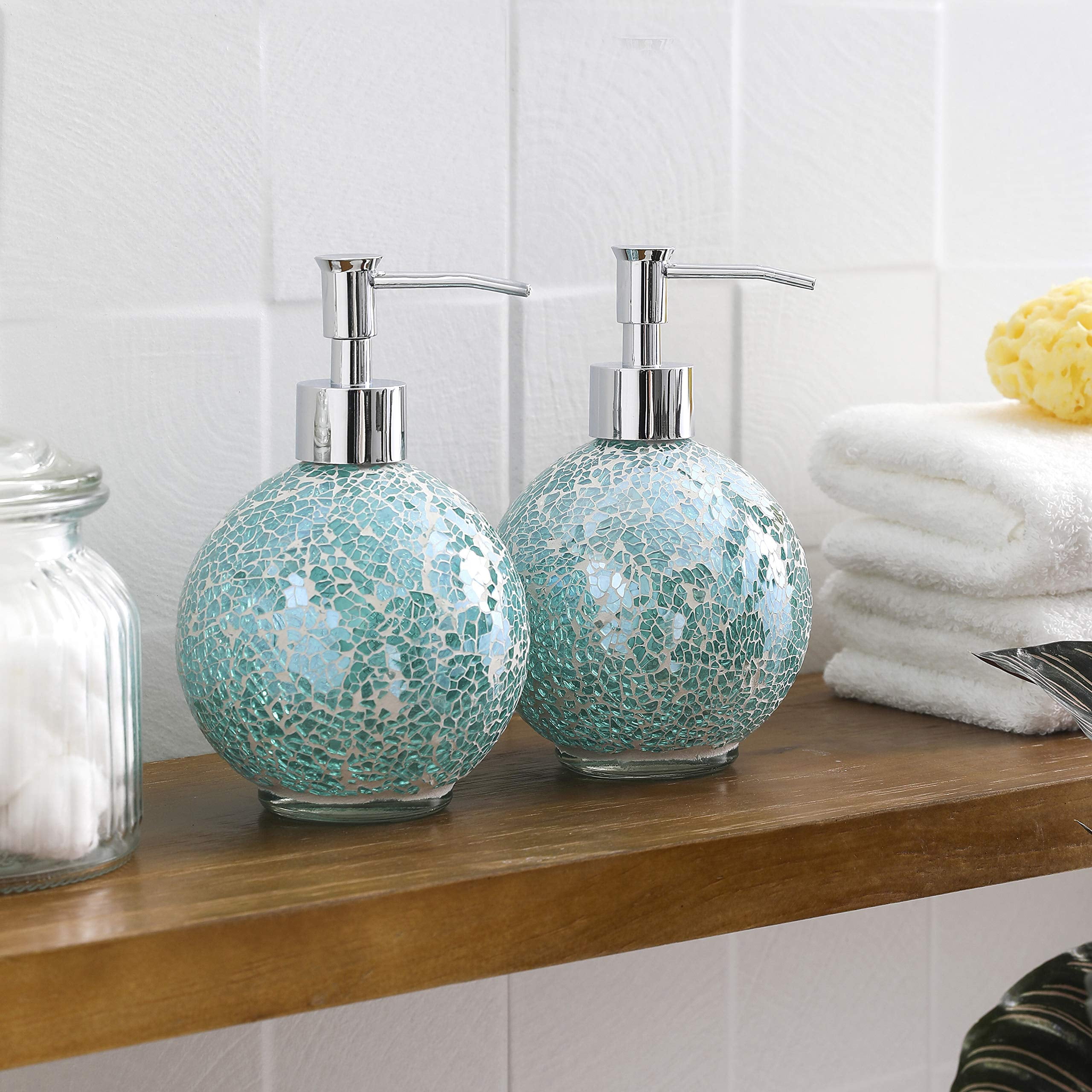WHOLE HOUSEWARES | Glass Mosaic Hand Soap Dispenser for Bathroom | Lotion Bottle for Kitchen, Bathroom with Chrome Plated Plastic Pump |14 Ounce Set of 2 (Turquoise)