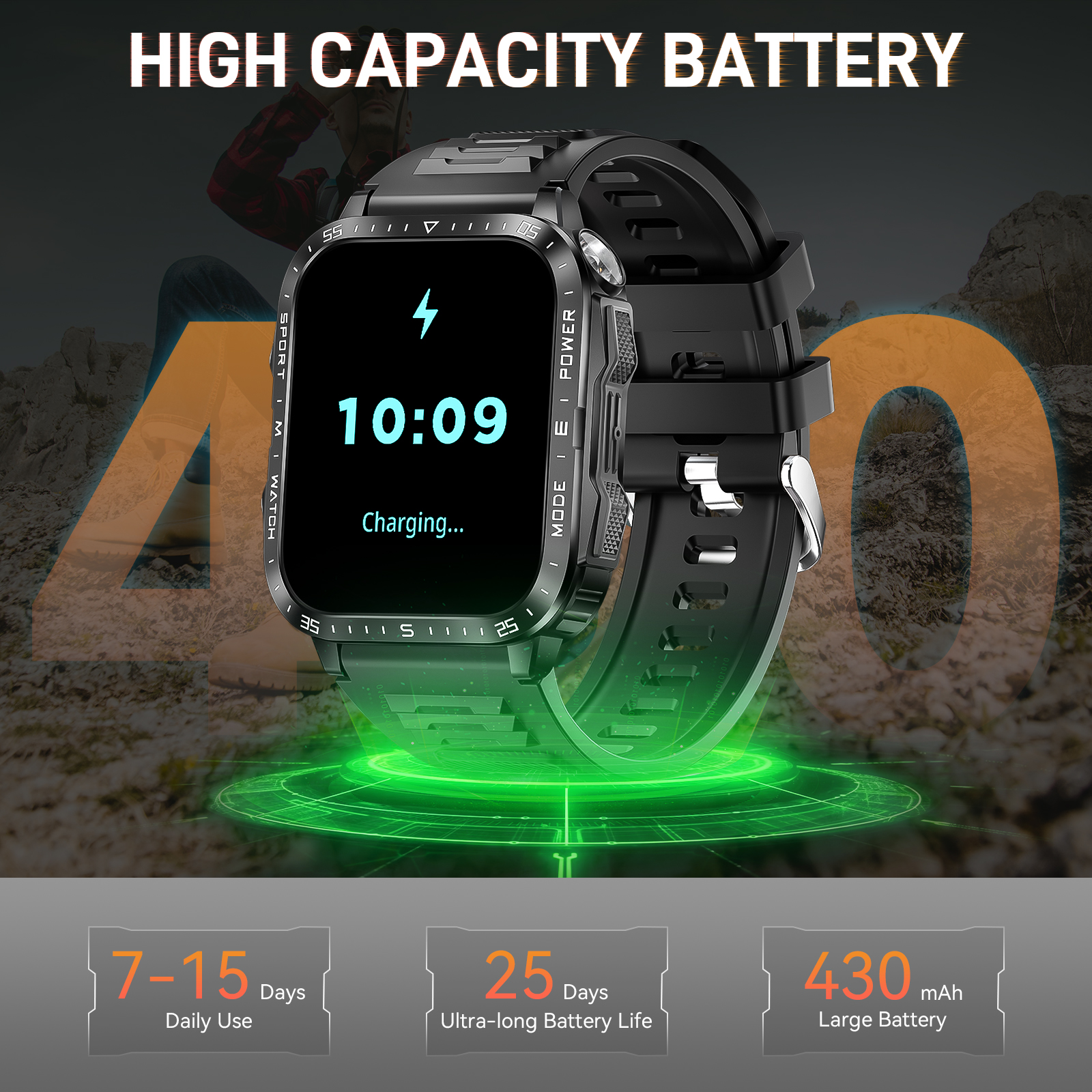 XAXRE KT79 Smart Watch for Men with 1.96" Big Screen LED Flashlight/UV Light 3ATM Waterproof Rugged Smartwatch with Text and Call for iOS Android, 1pc