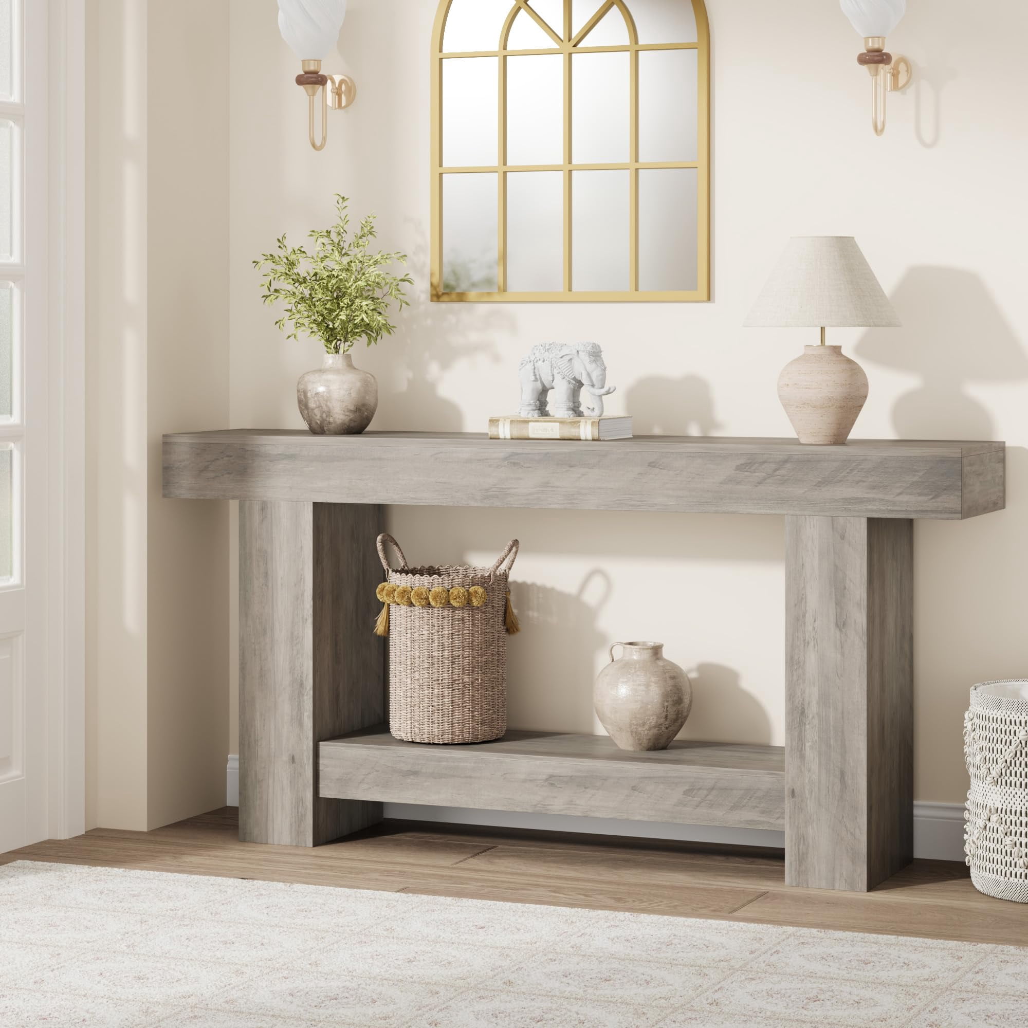 47 Inches/63 Inches Long Console Table for Entryway, 2-Tier Large Sofa Table with Storage, Farmhouse Console Table for Living Room, Wooden Entrance Entry Table for Entryway, Hallway
