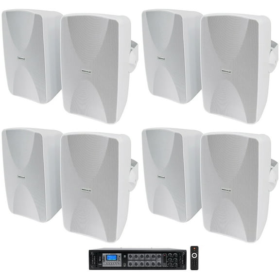 Rockville 6-Zone Commercial/Restaurant Bluetooth Amp 8) White 6.5" Wall Speakers