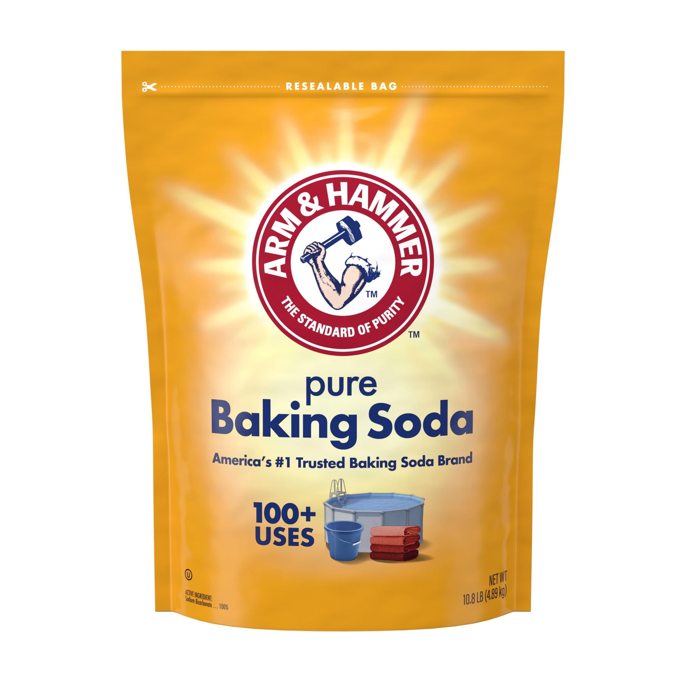 (4 pack) ARM & HAMMER Baking Soda, Multi-Purpose 100% Pure Sodium Bicarbonate Powder, 10.8 lb Resealable Bag