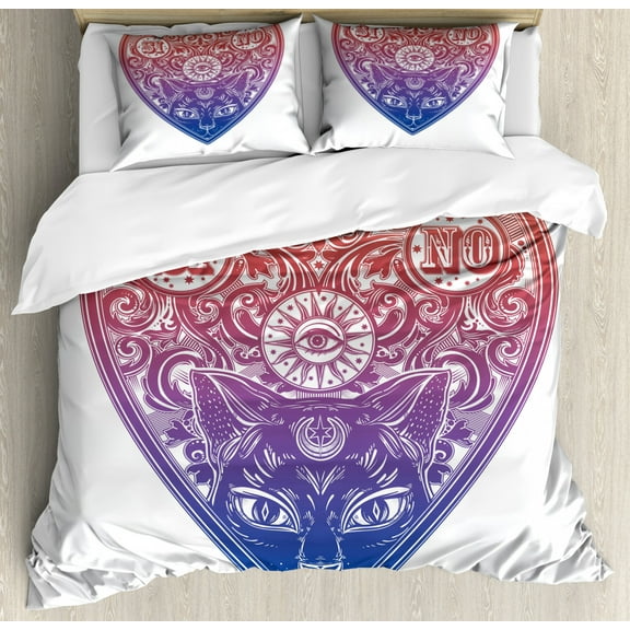Ouija Board Queen Size Duvet Cover Set, Sun with Eye in Middle and Black Cat with Crescent on Forehead, Decorative 3 Piece Bedding Set with 2 Pillow Shams, Ruby Violet and Violet Blue, by Ambesonne