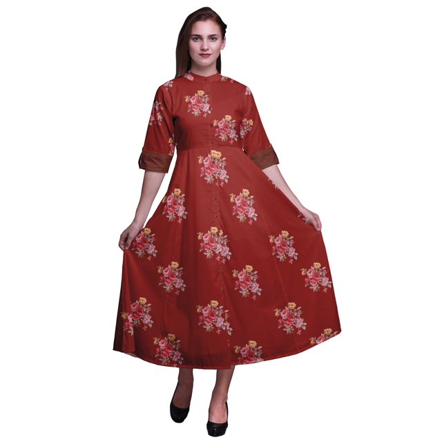 Bimba Robe Chemise à Boutons Florale Imprimée Col Mandarin Manches Retroussables-Petite