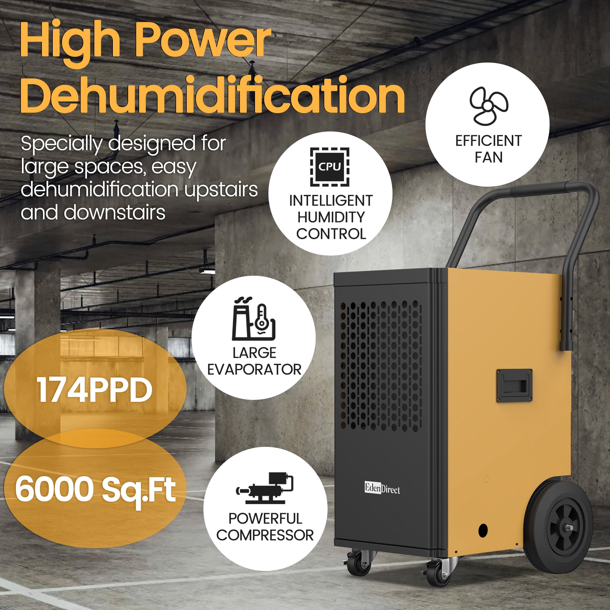 174 pt. 6,000 sq. ft. Buckless Industrial Dehumidifier with Pump, Dehumidifier for Basement in Yellow
