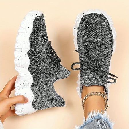 

TUOBKE Anti-Slip Chunky Sneakers for Women - Lace Up Thick Bottom Running Shoes with Flying Woven Design and Platform Sole