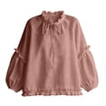 thumbnail image 3 of Lenpel Womens Fall Tops Casual Crew Neck Balloon Long Sleeve Blouses Oversized Fashion Ruffle Trim Tie Front Shirts, 3 of 4