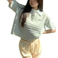 thumbnail image 1 of Femmes Tricoté Manches Courtes Haut Rayé Col Rabattu Bouton devant Casual Été Pull-Over T-Shirt, 1 of 8