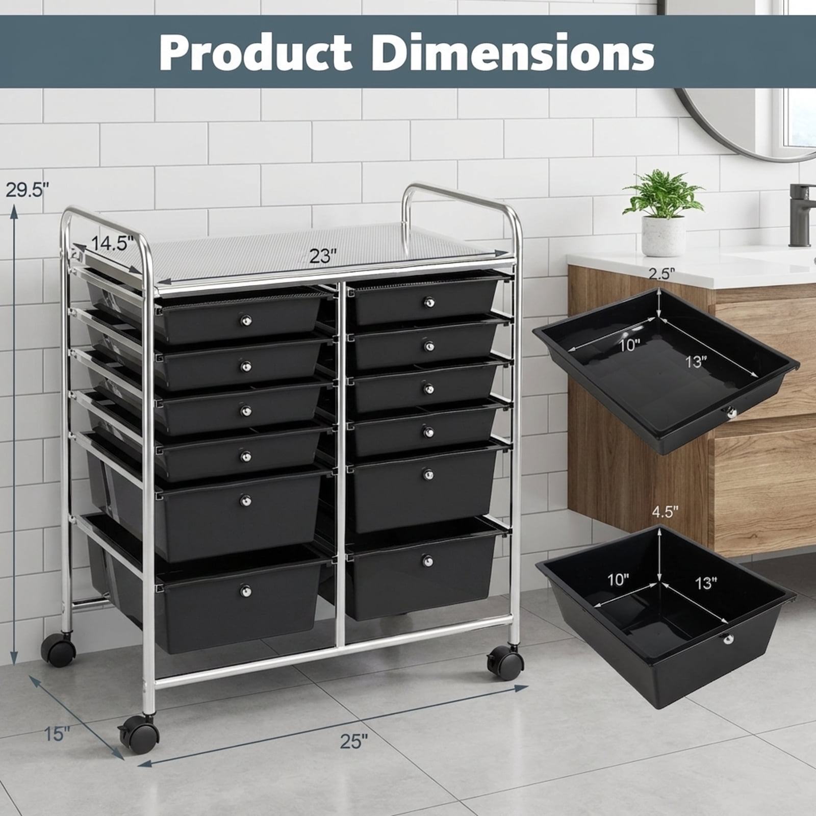 Furnibear 12-Drawer Rolling Storage Cart Removable Drawer Organizer with Locking Wheels for Office and Salon, Black