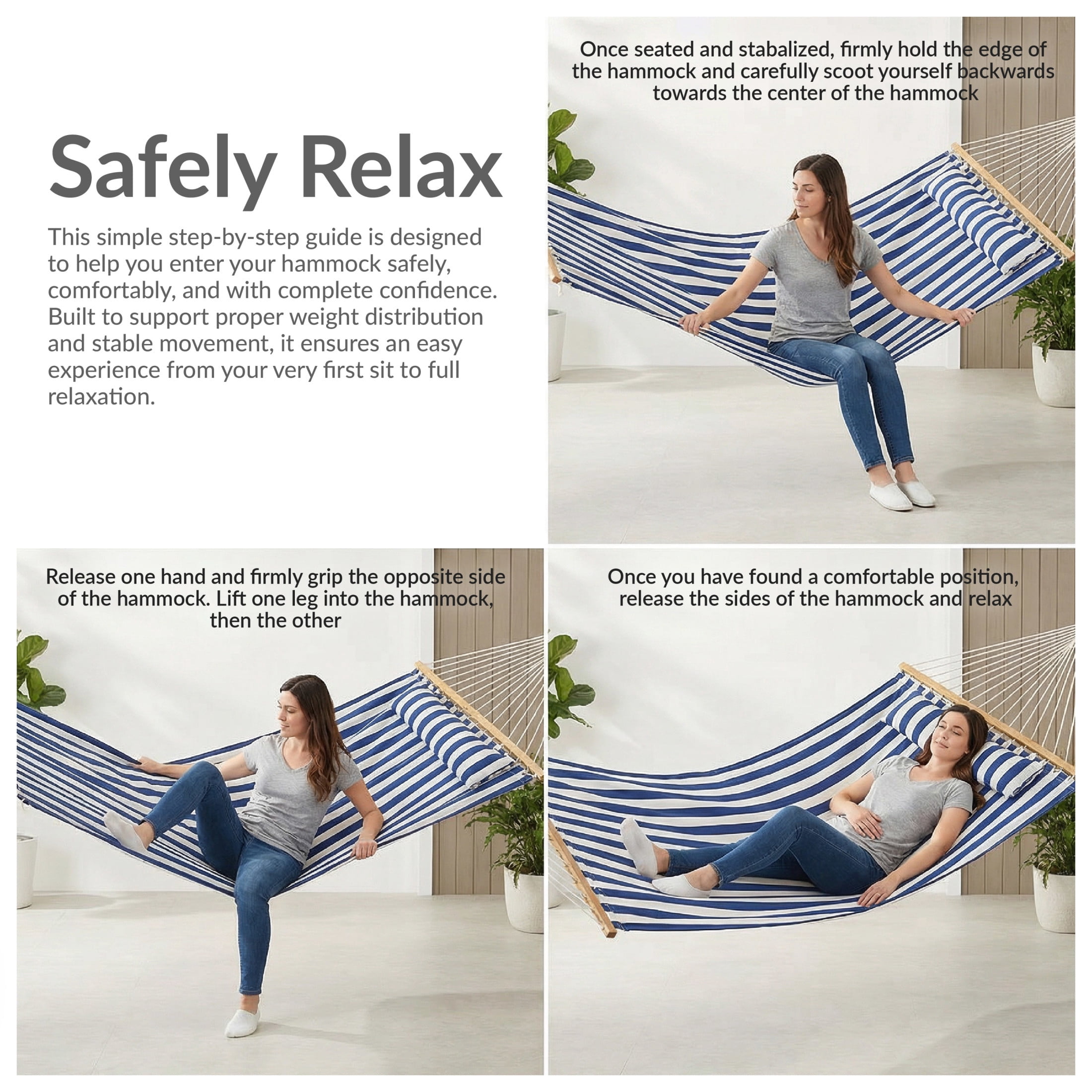Sunnydaze 2-Person Quilted Polyester Spreader Bar Hammock, 450 lb - Blue/White Stripe