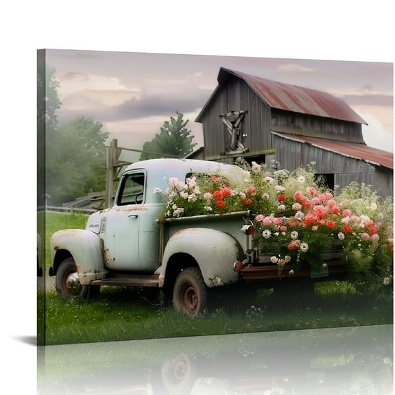 Creowell  Farmhouse Wall Art - Vintage Farmhouse Canvas Wall Art, Farmhouse Old Truck In Pink Flowers Sea Pictures For Rustic Home, Farmhouse Truck Canvas Prints Framed Ready To Hang 20x16in