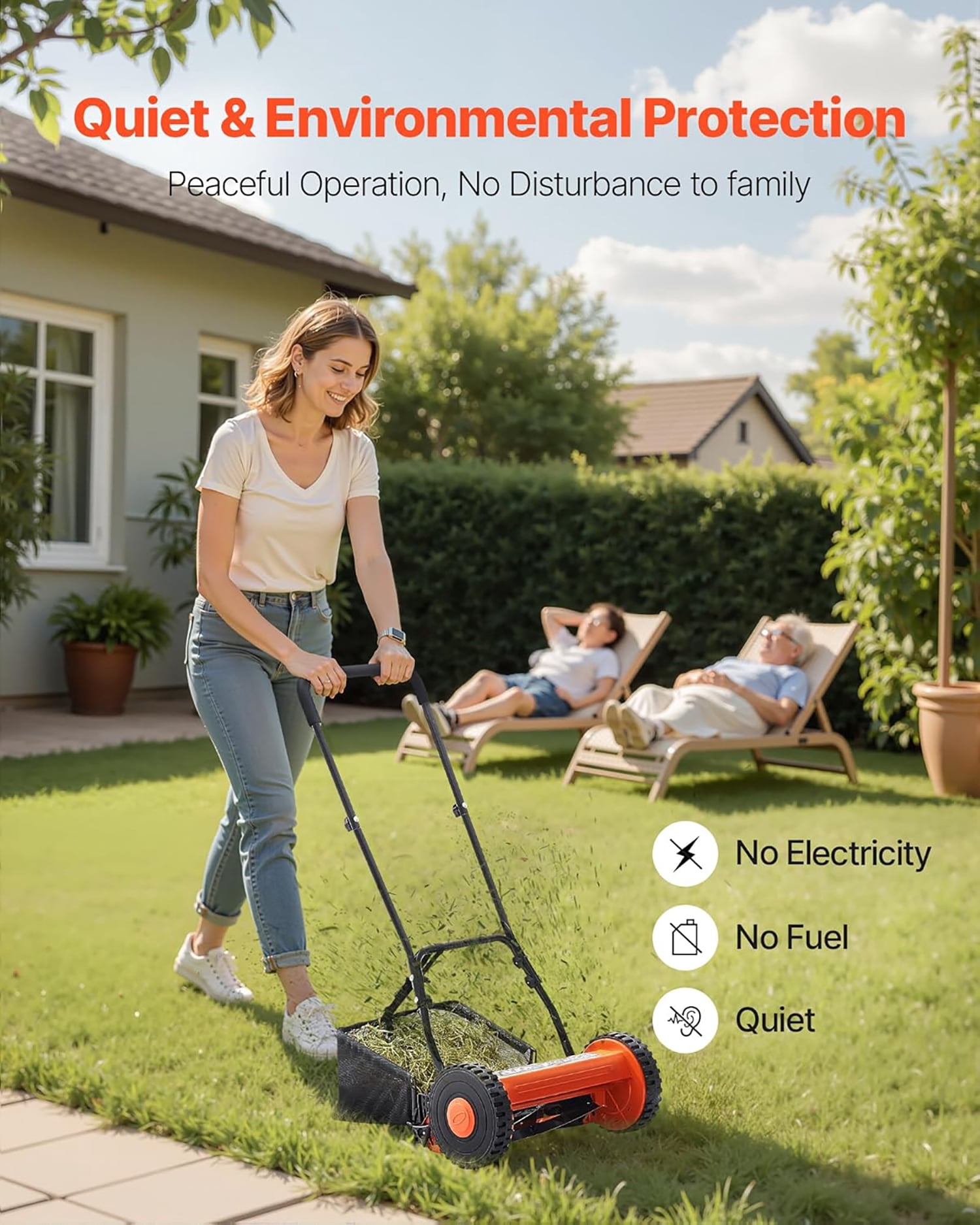 Elleree 14 inch  Push Reel Lawn Mower,5 Blades Manual Push Mower with Bagger for Green Lawns,Driveways,Courtyards,Adjustable Cutting Height