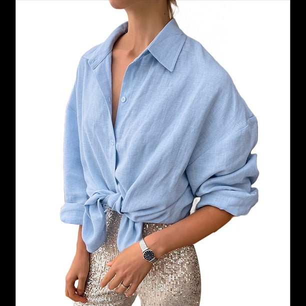 Blusa Playera de Larga para Mujer, para Cubrir Trajes de Baño, con Cuello Abotonado. Azul XL