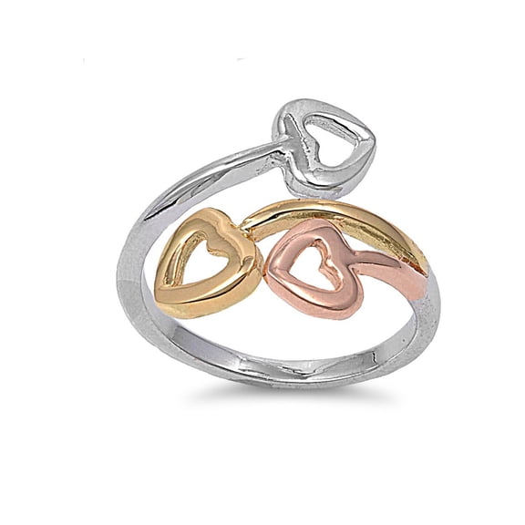 925 Sterling Silver Tri Color Love Hearts Ring Size 10