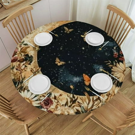 

Sheronv Moon Flowers Butterflies Round Table Cover Stain Resistant Washable Perfect for Indoor Outdoor Tablecloth Kitchen Dining Wedding Parties 100% Polyester Table Cloth with Elastic Edge 54 -58