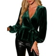 thumbnail image 4 of INSPIRE CHIC Women's Velvet Blouse V Neck Long Sleeve Tie Waist Peplum Tops XS Dark Green, 4 of 6