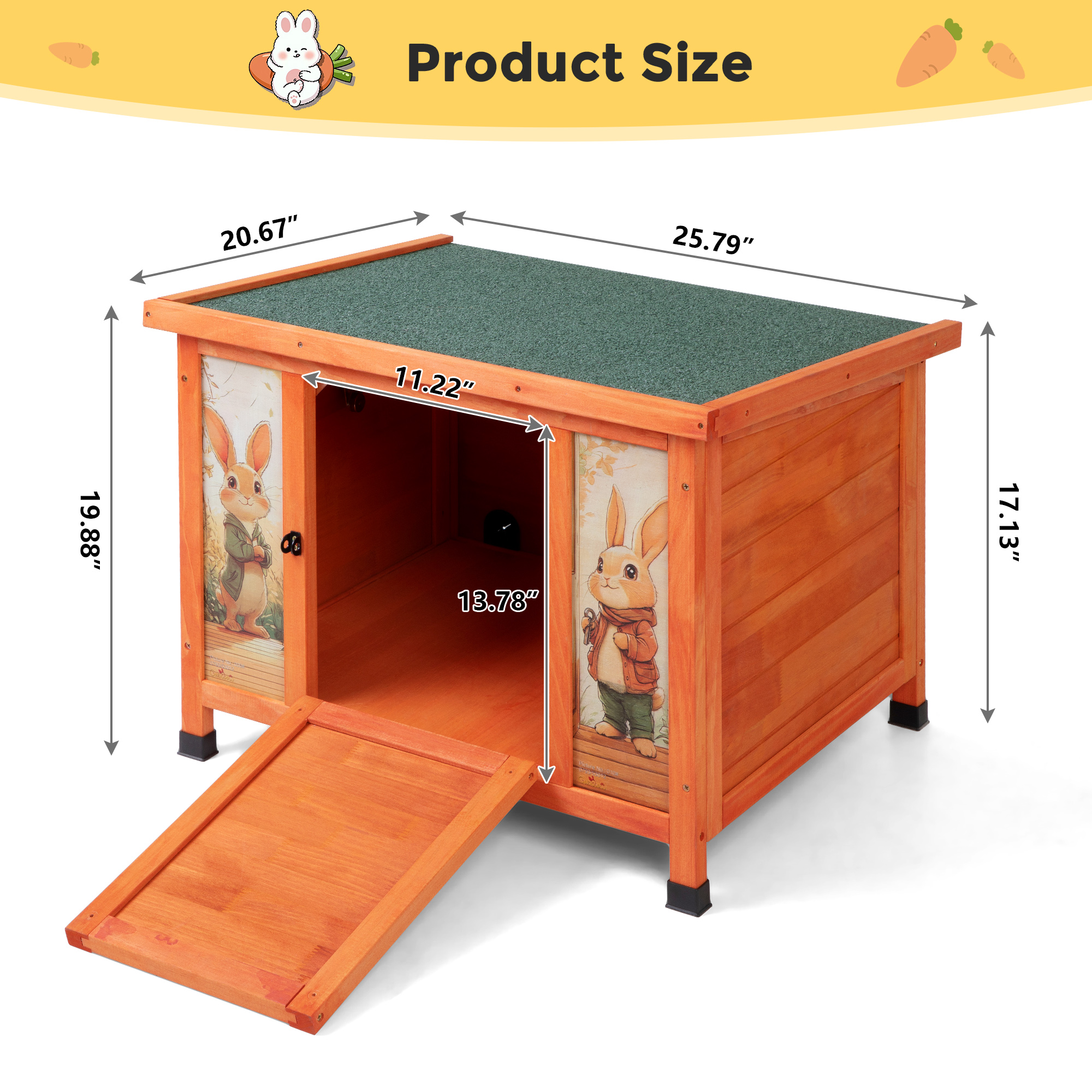 24'' Small Rabbit Hutch Outdoor, Bunny Cage for Small Animal with Weatherproof & Openable Top, Wooden Cat House for Indoor & Outdoor Use