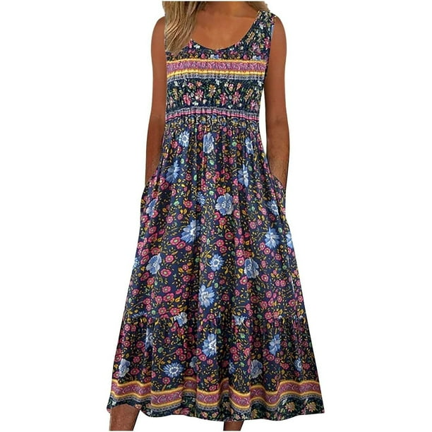 WILLBEST Vestidos de Verano para Mujer Vestido Informal Estampado sin Mangas con Cuello Redondo y Bolsillos Vestido Informal Suelto Extra Grande