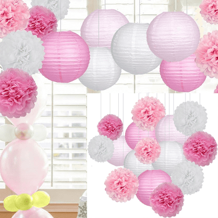 15Pcs Party Pack Paper Lanterns and Pom Pom Balls Hanging Decoration for Wedding Birthday Pink/White