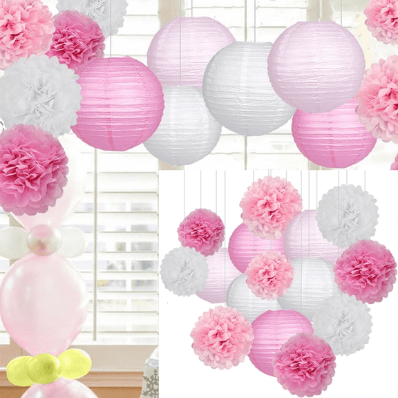 15Pcs Party Pack Paper Lanterns and Pom Pom Balls Hanging Decoration for Wedding Birthday Pink/White
