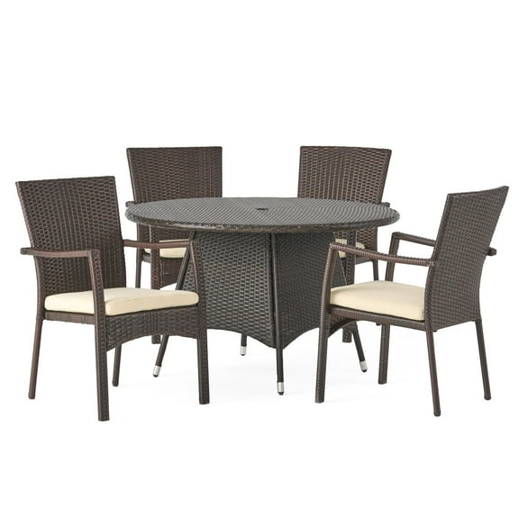 GDF Studio Mirage Outdoor Wicker 5 Piece Dining Set with Cushions, Multibrown and Cream