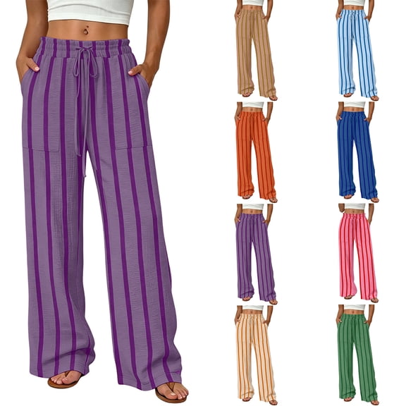 Travel Pants Women Zaewscy Women's Striped Ruffle Drawstring Casual Pants With Pockets Purple XXL