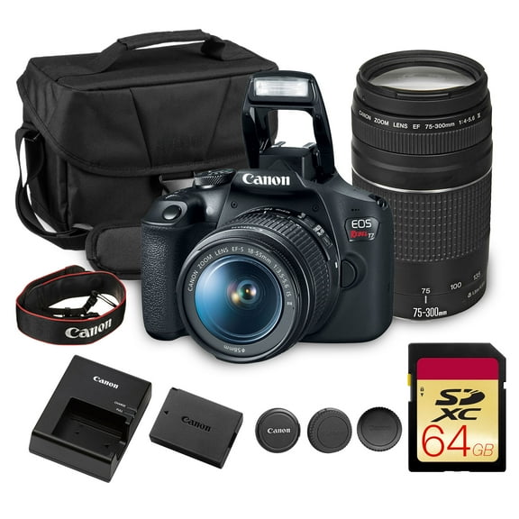 Canon EOS Rebel T7 DSLR Camera Kit | 24.1MP APS-C Sensor with EF-S 18-55mm & 75-300mm Lenses | Full HD 1080p Video Compact Beginner-Friendly Photography (2727C002)   Bag   64GB Card