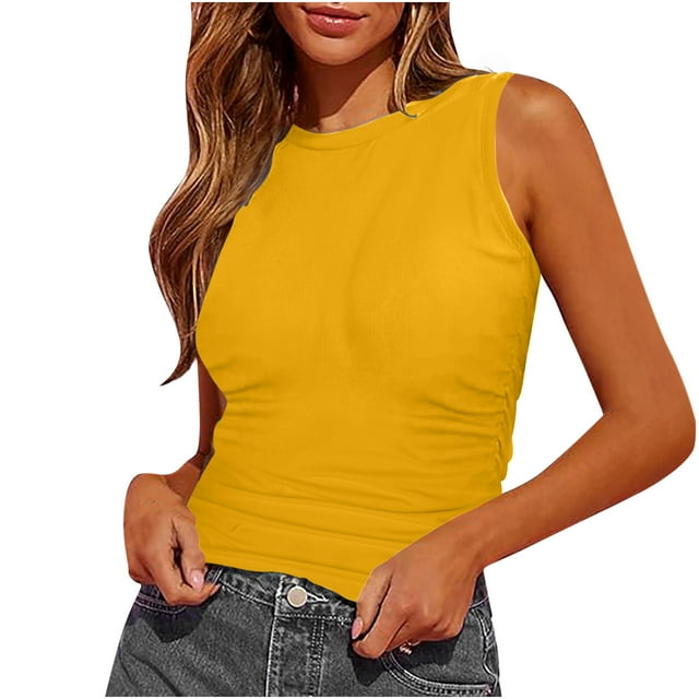 VEKDONE Débardeurs Légers Sans Manches pour Femmes Été Couleur Unie Tunique de Yoga Ajustée Décontractée Col Rond Confortable Basique Jaune Petit