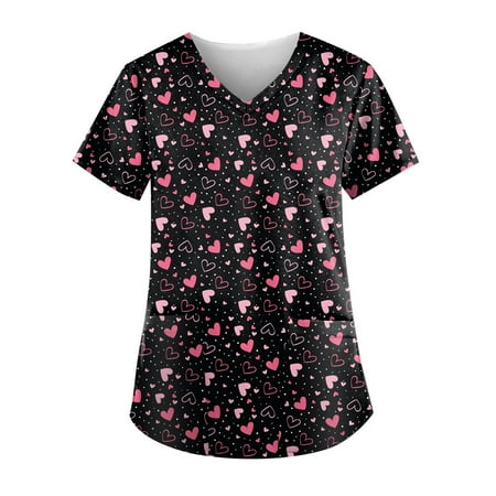

XHJUN Scrub Tops Women Stretchy Couple Happy Valentines Day Nurse Shirt Couple V Neck Short Sleeve Workwear Cute Print Black XXXL