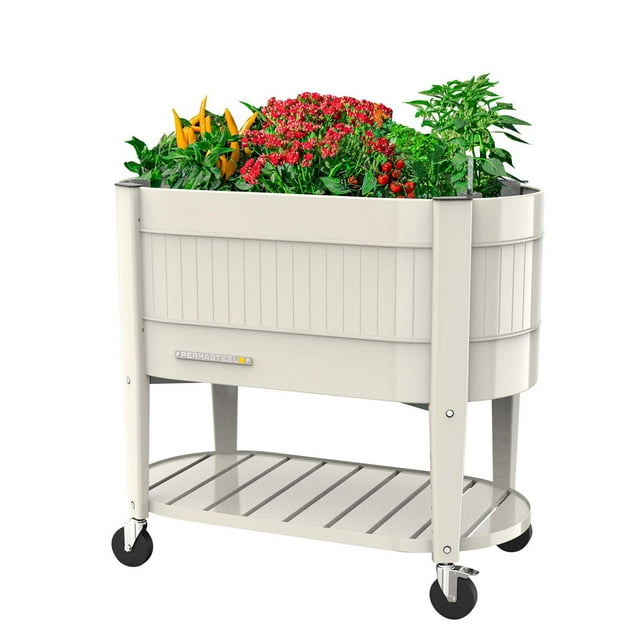 Permasteel Elevated Garden Bed – Powder-Coated Steel, Eco-Chamber, Casters, Soil Platform, Indoor & Outdoor - Ivory