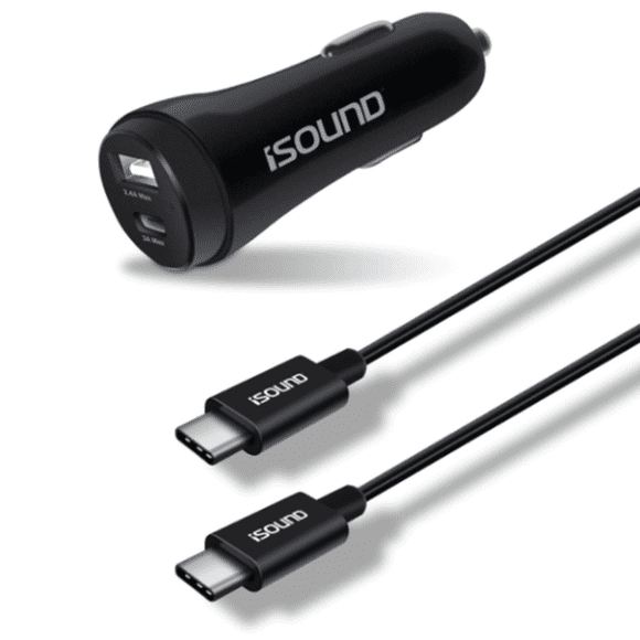 Cargador para Auto iSound con 2 puertos y Cable USB C negro