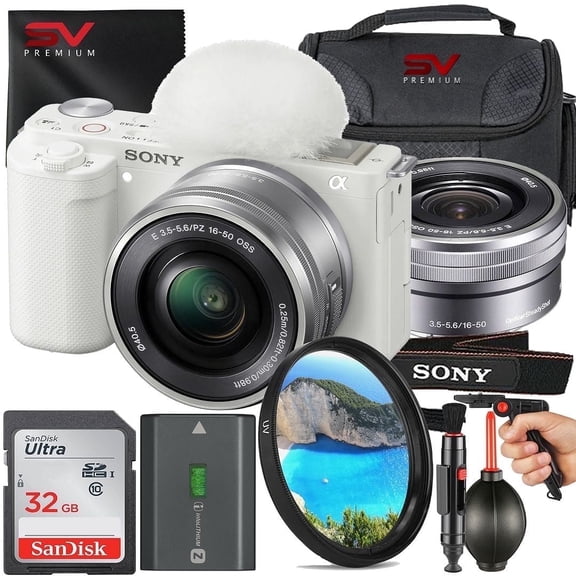 Sony ZV-E10 II Mirrorless Camera (White) with 16-50mm Lens   SanDisk 32GB Memory Card   Pistol Grip Tripod   SV Premium Accessory Bundle