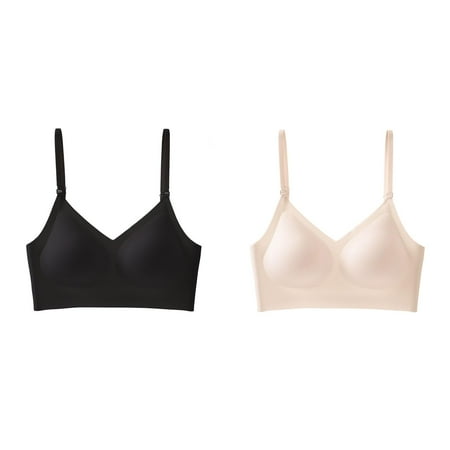 Lojoutye 2 Pack(Black 1PCS & Beige 1PCS) Multipack Low Back Bra for Women Wirefree Seamless Bra Backless Multiway Straps Convertible Halter Bra with Padded Removeable