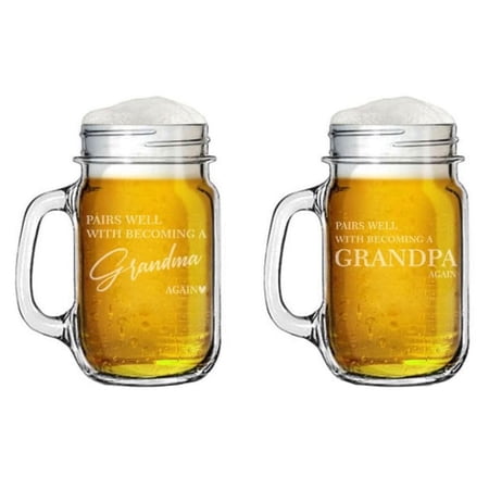 16oz Mason Jar Glass Mug w/Handle Gift Set of 2 Pairs Well With Becoming A Grandma & Grandpa Again Second Baby Pregnancy Announcement
