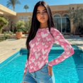 thumbnail image 4 of Xoenoiee Pink Heart Love Print Women's Long Sleeve Round Neck Fitted Going Out Ruched Asymmetrical T Shirts Valentine's Day Stretchy Crop Tops Plus Size, M, 4 of 7