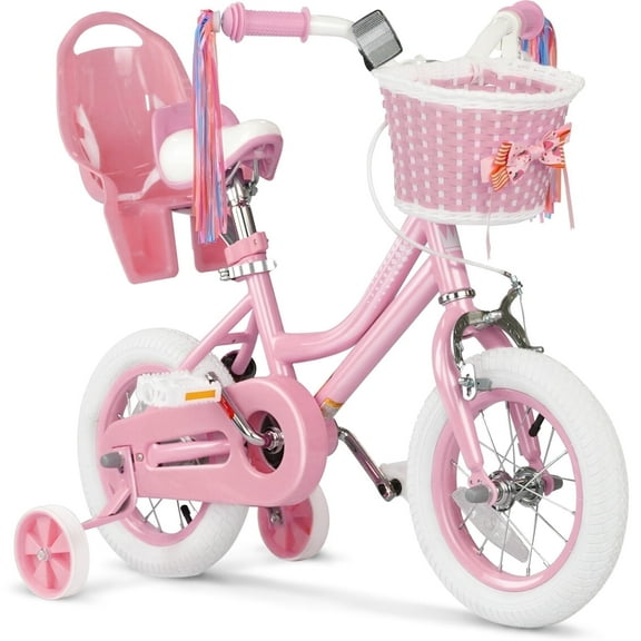 GLAF 12 in Kids Bicycle, Girls' Bike with Training Wheels, Streamers & Basket - Perfect for Ages 2-9, Pink