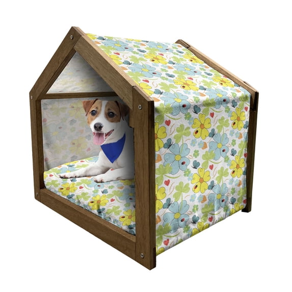 Yellow and Blue Pet House, Daisies and Shamrock Flowers with Hand Drawn Style Hearts and Ladybugs, Outdoor & Indoor Portable Dog Kennel with Pillow and Cover, 5 Sizes, Multicolor, by Ambesonne