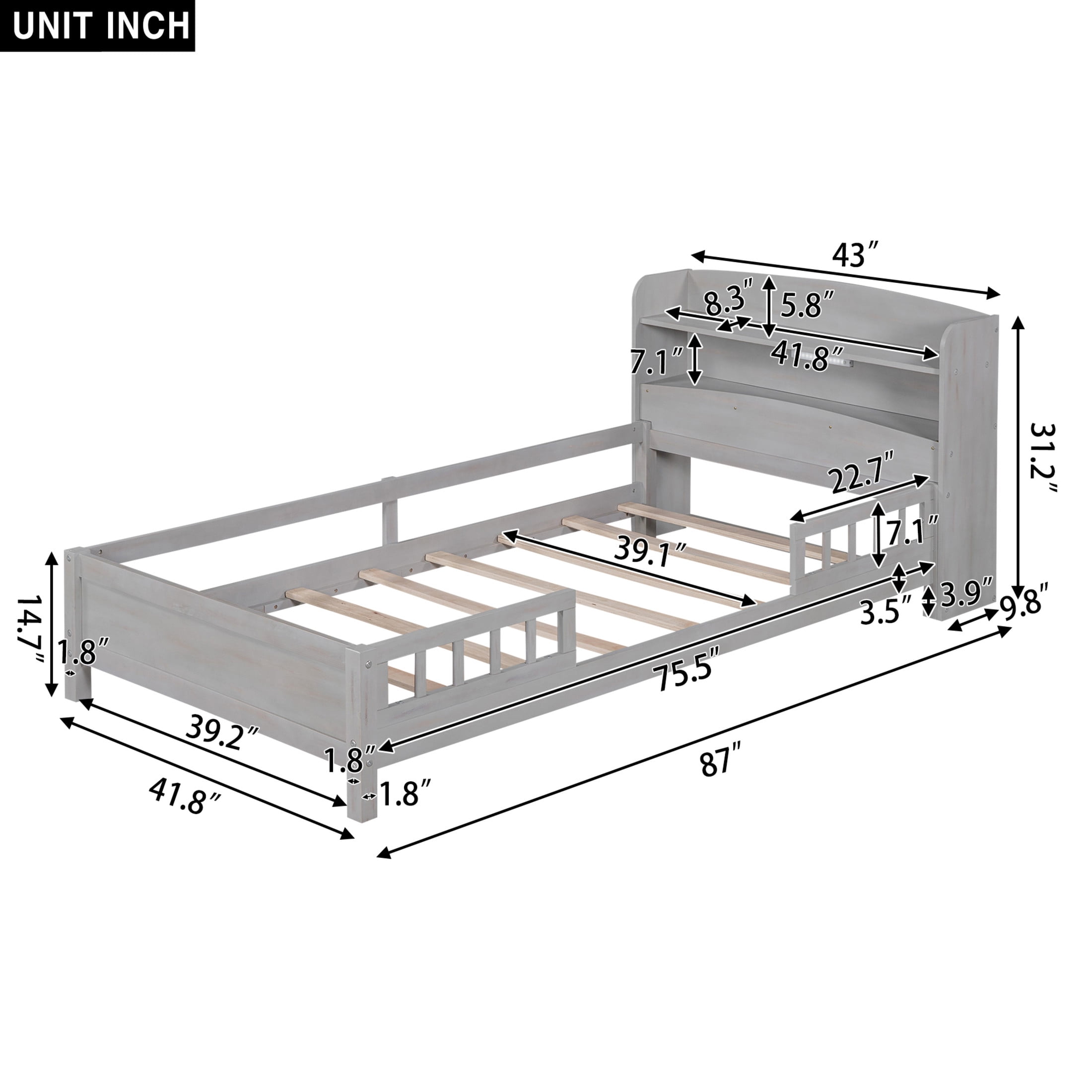 Noble House Twin Platform Bed with Built-in LED Storage Headboard and Safety Guardrails, Space Saving Design, Gray