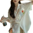 thumbnail image 2 of Camisa con botones para mujer, manga corta, estampado de flores, transpirable, delgada, informal, suelta, camisa con botones para verano, blanco, L, 2 of 14