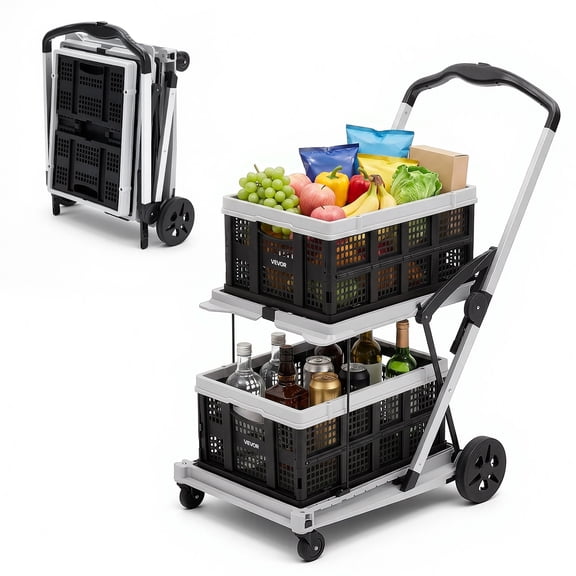 VEVOR Collapsible Shopping Cart with Wheels Foldable for Grocery Black Gray, 200lbs Capacity Rolling Utility Cart, Storage Crate & Foot Brake, Portable Folding for Groceries, Warehouse, Supermarket