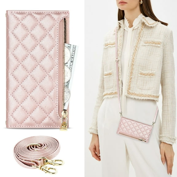 SaniMore Wallet Case for iPhone 14 Pro Max 6.7" 2022,PU Leather 3D Lattice Zipper Cash Pocket Card Slots Crossbody Strap Kickstand Full Body Protective Girly Shell for iPhone 14 Pro Max, Rosegold