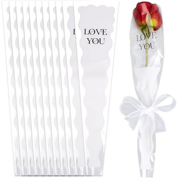 1 Set 50Pcs Single Rose Packaging Bags Bulk White Plastic Floral Flower Rose Carnations Bouquet Sleeve Bag Wrapping Paper for Mother's Day Valentine's Day Wedding Birthday Party