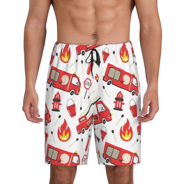Balery Fire Truck Pantalones cortos de pijama de punto de algodón para hombre con cinturilla y bolsillos-Large