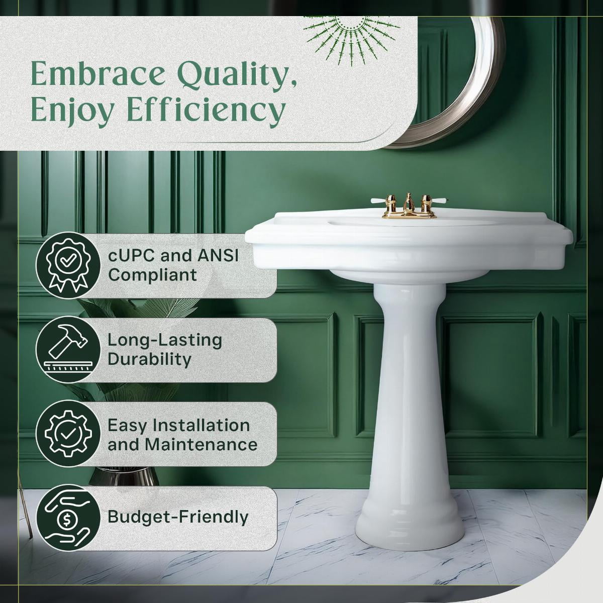 Large White Pedestal Bathroom Sink 34" W Porcelain Spaceous Wall Mount Sink w/Centerset Faucet Hole | Renovators Supply