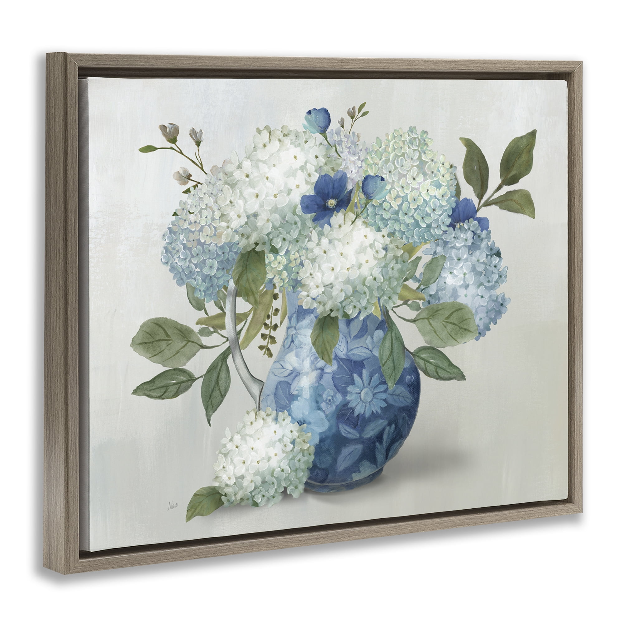 Stupell Industries Ornate Vase with Hydrangeas Brown Framed Floater Canvas Wall Art, design by Nan