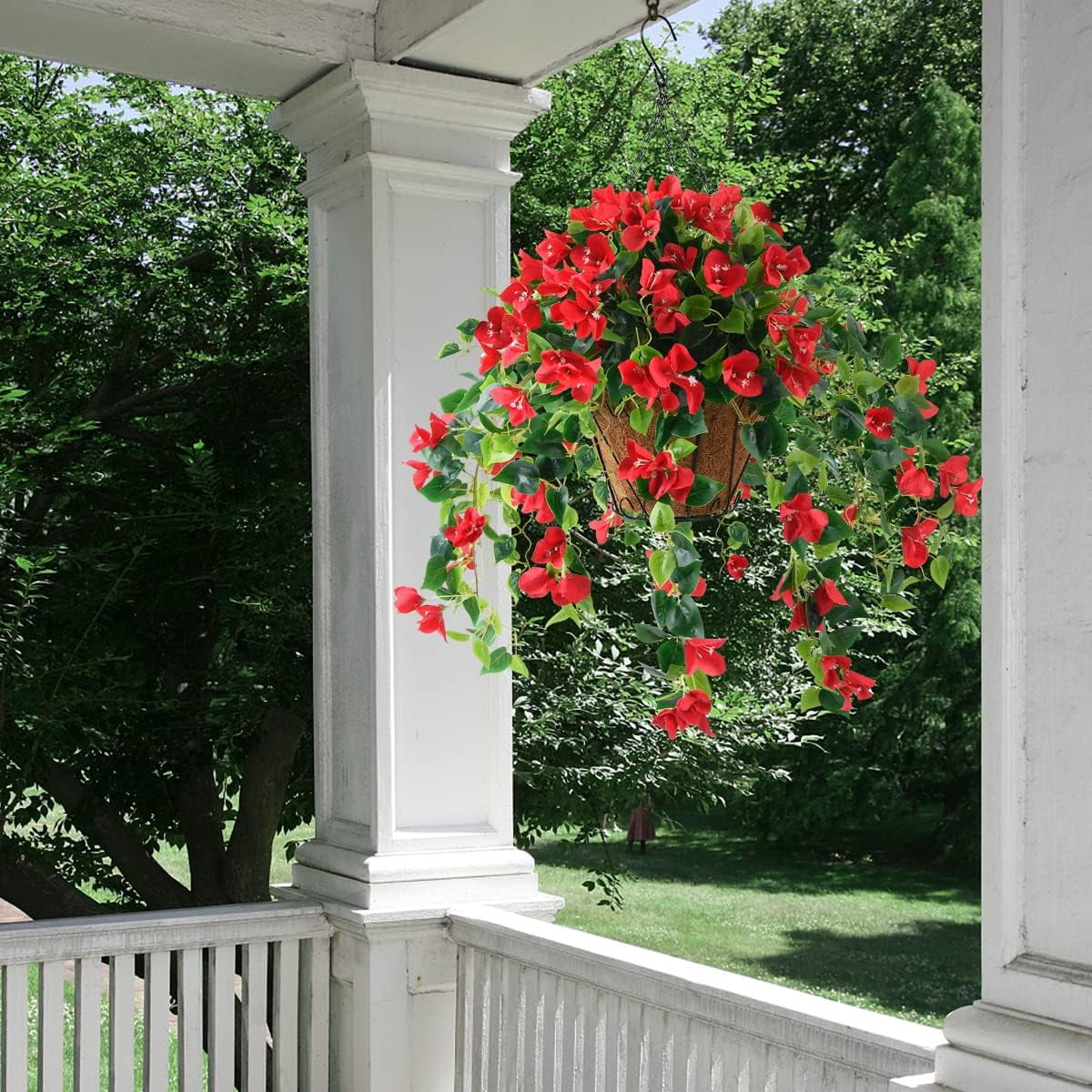 Artificial Flowers Hanging Basket,Bougainvillea Silk Vine Flowers for Outdoor/Indoor, 0Inch Coconut Lining Flower Pot with Hanging Plant for Patio Lawn Garden Decor (Purple)