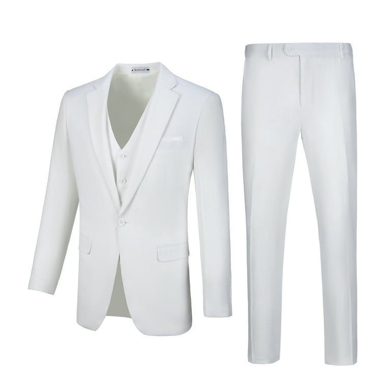 Wehilion Men's Slim Fit Suit One Button 3-Piece Blazer Dress Business  Wedding Party Jacket Vest & Pant White L 