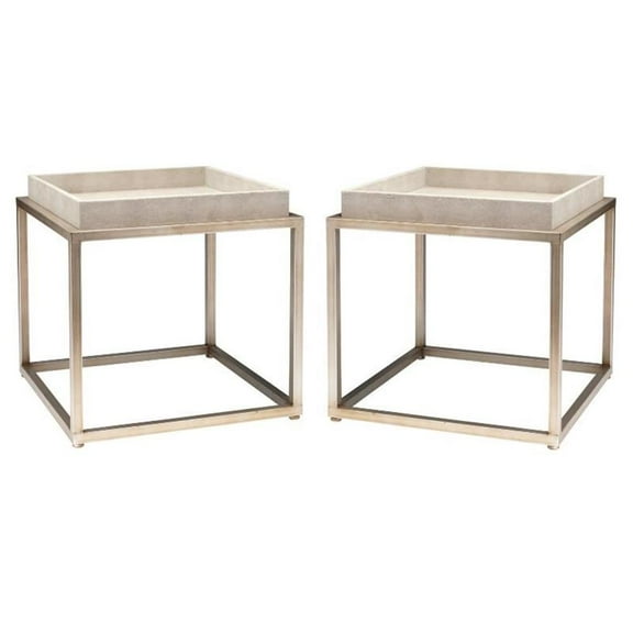 Home Square Faux Shagreen and Metal Side Table in Ivory & Brass - Set of 2