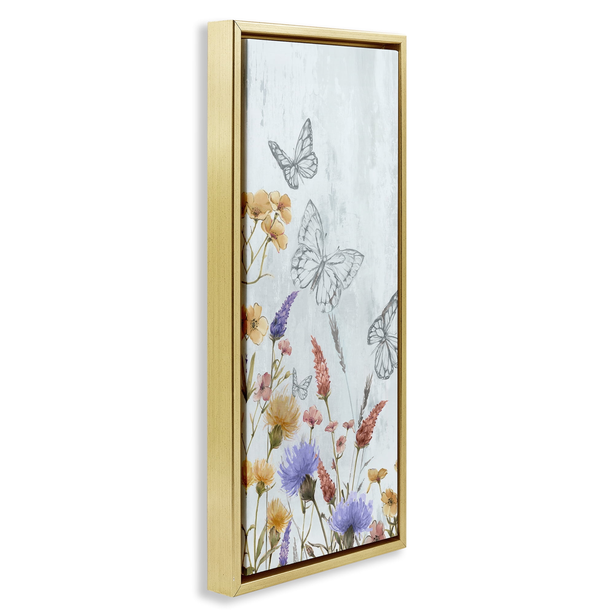 Stupell Industries Butterfly Outlines & Florals Plants & Flowers Painting Gold Floater Framed Canvas Art Print Wall Art, 14 x 31