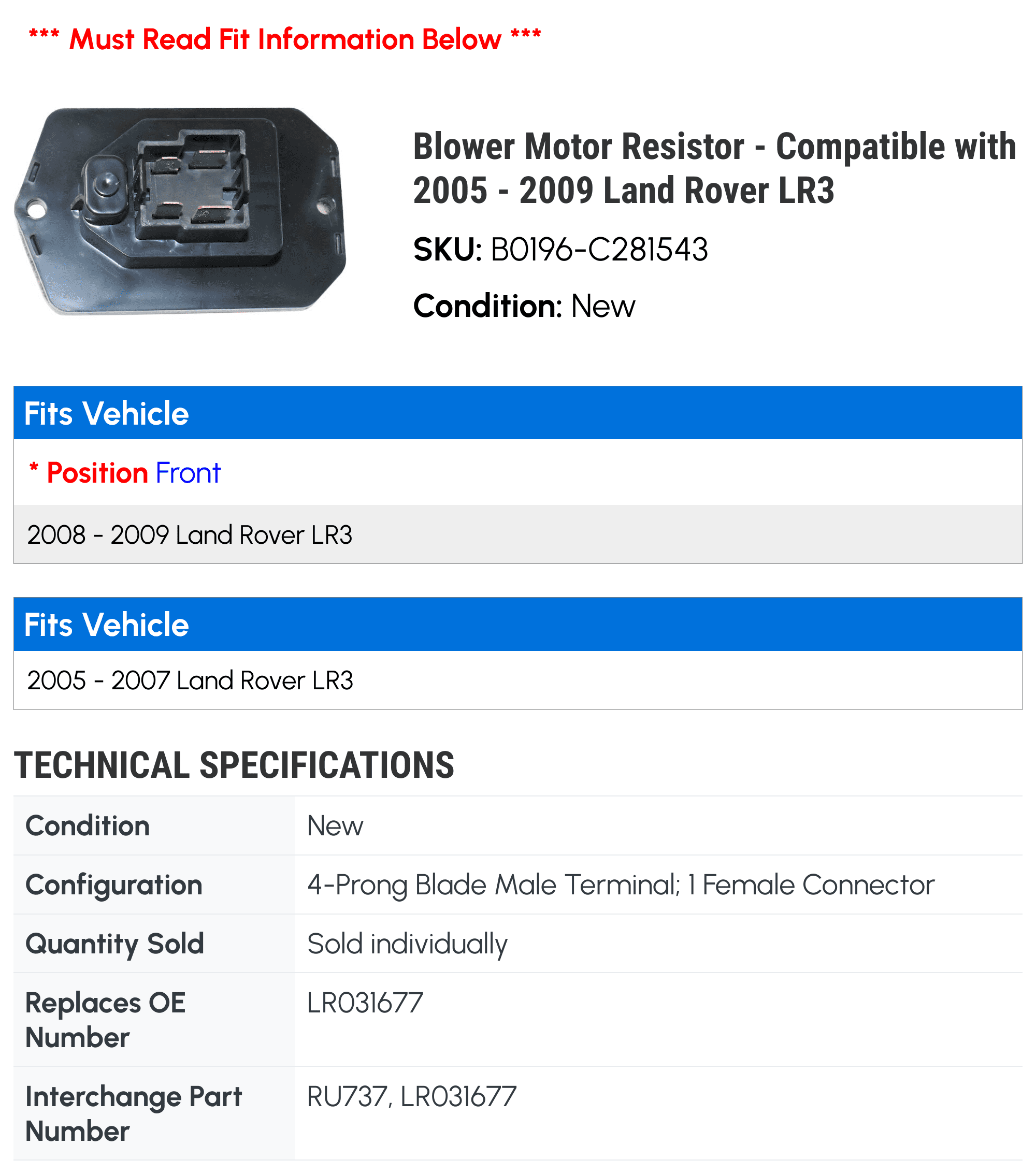 Blower Motor Resistor - Compatible with 2005 - 2009 Land Rover LR3 2006 2007 2008